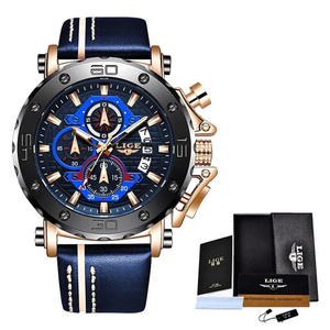 LIGE メンズ 腕時計 高品質 クオーツ カジュアル スポーツ レザー ウォッチ 9996 クロノグラフ 生活防水 時計 RGブルー × ブラック L