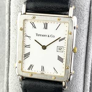 【1円〜】Tiffany & Co. ティファニー 腕時計 メンズ ホワイト文字盤 ローマン ゴールド スクエア デイト 可動品