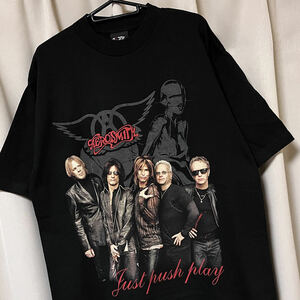 デッドストック 新品 USA製ビンテージ AEROSMITH エアロスミス ロックバンドTシャツ Just Push Play Lサイズ 黒 アメリカ製 空山基 00s 90s