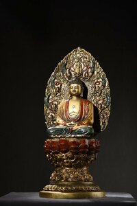 ◆古寳堂◆明 宣德年製款 銅製 金鍍 彩繪 釋迦摩尼像 仏教古美術 供養品 極細工 古置物 古擺件 中国古美術 時代物 古董品