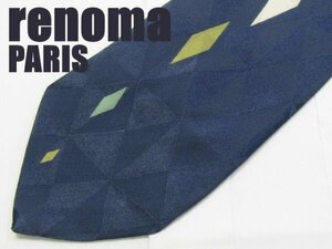 AA 129 レノマ renoma PARIS ネクタイ ハンドメイド 紺系 光沢 ジオメトリックプリント 幾何学模様 ジャガード