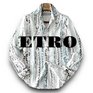 C11 美品 シャドーストライプペイズリー！定価5万 Mぐらい 38『エトロ ETRO』イタリアンコットン 長袖 シャツ アートのような一枚 ホワイト