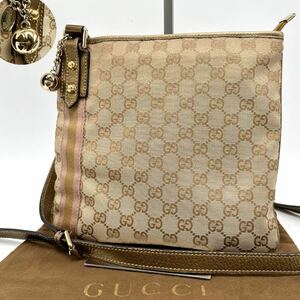 1円 激レア GUCCI グッチ ショルダーバッグ クロスボディ GGキャンバス シェリーライン 鈴 チャーム 革 レザー ゴールド 144388 保存袋