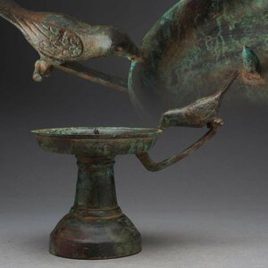 JI411 中国美術 唐物 青銅鳥柄灯・青銅鳥柄燭台 幅16.3cm 重485g・ロウソク立て・手燭 中国古玩