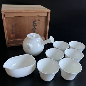 尾張 鳴泉造 白磁 横手急須 湯冷まし 煎茶碗(六客) 煎茶器揃え 共箱 煎茶道具 