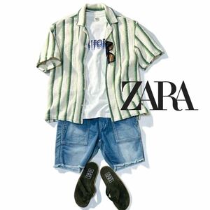 【ZARA MEN】海と街で着回し◎!!ザラ 透かし編み 半袖ストライプシャツ オープンカラーシャツ キューバシャツ 厚手 ブランケットシャツ 