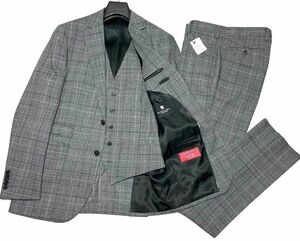 新品 BLACK LABEL クレストブリッジ 御幸毛織 羊毛/モヘヤ グレンチェックツイード 3P スーツ 42R ブラック/グレー系 定価143,000円