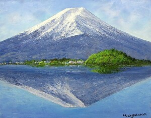 油彩画 洋画 (油絵額縁付きで納品対応可) M4号 「河口湖より富士を望む」 小川 久雄