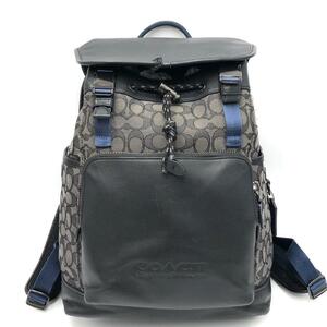 1円～【美品】COACH コーチ リュックサック リーグ フラップ バックパック ジャガード A4 通勤 ダークグレー メンズ 希少