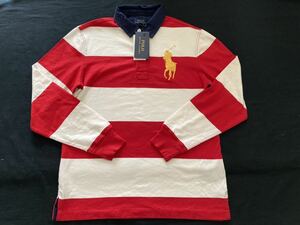 新品 ラルフローレン Ｌ　１６０cm　ビッグポニー刺繍 ラガーシャツ　赤×白　¥10010