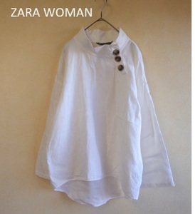 ●ZARA WOMANザラハイネックリネンプルオーバーブラウス白●麻100％EUR XSシャツ