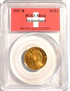 1927B スイス 20フラン 金貨 PCGS MS66 アルプスの少女 ブレネリ ヘルベティア(NGC)