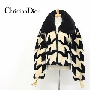 ヴィンテージ◆Christian Dior/クリスチャンディオール 千鳥柄 ラムファー ビッグカラー ジップ ジャケット アイボリー×ブラック