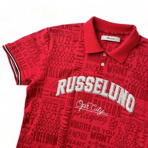 美品 Russeluno GOLF ラッセルノ ドライ ストレッチ 半袖 ポロシャツ / メンズ 5 (L) 赤 レッド 英字総柄 ルチャ 日本製 人気 ゴルフウェア