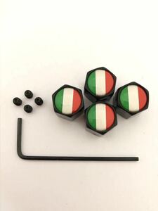 イタリア 国旗 エアー バルブキャップ イモネジ レンチ 盗難抑止 ホイール アルファロメオ ALFA ROMEO 4C 8C アルファブレラ 黒