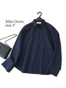 美品☆Mila Owenミラオーウェン☆シャツ☆長袖☆NAVY☆コットン混☆F☆ふんわりシャツ☆