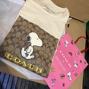 送料込専用袋付●新品●価40700 COACH X PEANUTS スヌーピー Tシャツ Mサイズ シグネチャープリント 2022.10新作 ピーナッツ コーチ