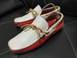 極美品 Salvatore Ferragamo フェラガモ 004755 7.5≒25.5cm レザーシューズ モカシン デッキシューズ ローファー Uチップ コンビ ホワイト