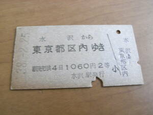 東北本線　水沢から東京都区内ゆき　1060円2等　昭和38年2月25日　水沢駅発行　国鉄