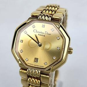 ☆美品☆Christian Dior クリスチャンディオール オクタゴン ダイヤインデックス 12Pダイヤ シャンパンゴールド クオーツ レディース腕時計