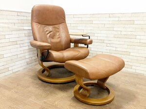 エコーネス EKORNES コンサルM/ストレスレスチェア オットマン スイングサイドテーブル付 リクライニング 本革 1P ソファ/定価29.5万 貝158