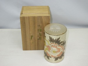 ★YC5723　義国　茶筒　菊紋　共箱入り　茶葉入れ　茶道具　茶器　茶入　日本茶　和物　和風　レトロ　送料無料★