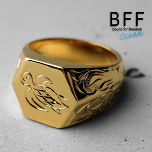 BFF ブランド タートル 印台リング ラージ ごつめ ゴールド 18K GP 金色 六角形 手彫り 専用BOX付属 (23号)