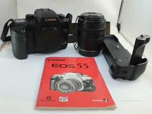 Canon/キャノン EOS 55 フィルム一眼レフカメラ ボディ シャッター及びストロボ 作動確認済み BP-50付き