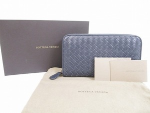 【未使用】 ボッテガヴェネタ BOTTEGA VENETA イントレチャート カーフレザー ラウンドファスナー長財布 紺 メンズ レディース