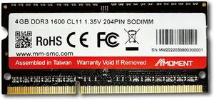 SODIMM 4GB MMOMENT DDR3 4GB 1600MHz SODIMM ノートPC用メモリ (CL11/1.35V/