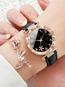 腕時計 レディース セット 女性用レザーベルト、ファッションでシンプルなダイヤモンドデジタルペタルダイヤルクオーツウォッチ＋ローズ