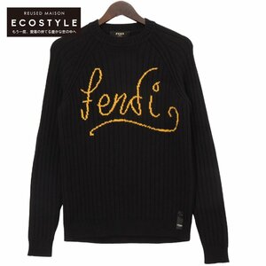 FENDI フェンディ FZY451 AH33 ブラック×ロゴ クルーネックウールセーター ブラック 46 トップス ウール メンズ 中古