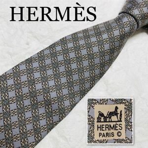 ■美品■HERMES エルメス　ネクタイ　金具　輪　チェック　シルク100% フランス製　グレー