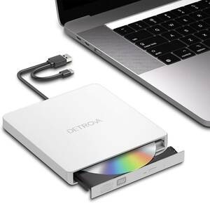 ホワイト DETROVA 外付けDVD/CDドライブ DVDレコ CD/DVD-Rプレイヤー USB3.0&Type-C両用ケーブ