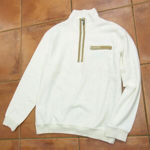 ◇Santa fe ハーフジップ コットンニット セーター 鹿の子編み オフホワイト ロゴ刺繍 サンタフェ メンズ ゴルフ 1円スタート