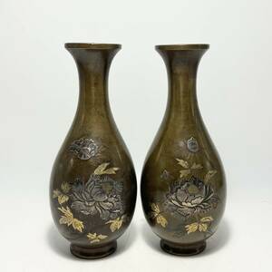古美術　古銅製　金銀銅　黄銅　銅嵌金　象嵌花紋　花瓶　一対　中国　日本　韓国