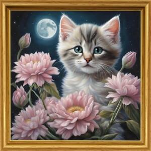 猫 ねこ 月　花　イラスト　絵　絵画　インテリア　子猫 Ｌ版サイズプリント ハンドメイド NO55