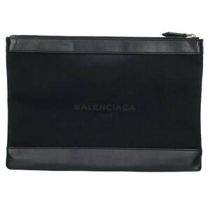 バレンシアガ BALENCIAGA 373834 ネイビークリップM ロゴプリントキャンバスレザー切替クラッチバッグ 中古 BS99