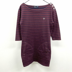 フレッドペリー FRED PERRY カットソーワンピース チュニック ボーダー 肩ボタン 7分袖 綿100% 4 ワインレッド×ネイビー レディース