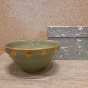 青磁 雪輪 茶碗 銘あり 約12.8cm×6.5cm