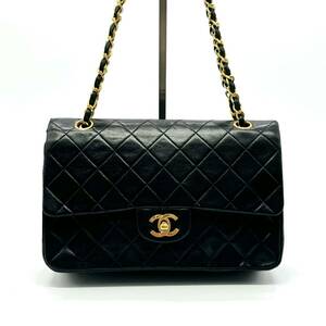 シャネル CHANEL ダブルフラップ マトラッセ ラムスキン チェーンショルダーバッグ 黒 ブラック