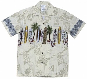 保管品 ハワイ製 Blue Hawaii ブルーハワイ サーフボード 椰子の木 総柄 半袖 アロハシャツ オープンカラー ハワイアン シャツ / USA製