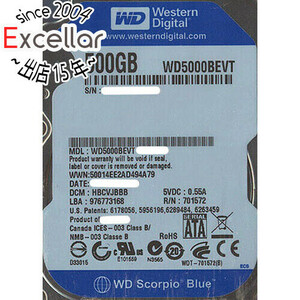 【中古】WesternDigital HDD 2.5inch WD5000BEVT 500GB 9.5mm 1000～2000時間以内 [管理:1050022447]