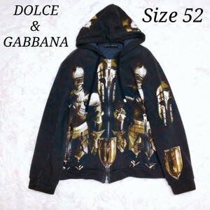 希少ドルチェアンドガッバーナ DOLCE&GABBANA ジップアップパーカー 大きいサイズ52/2XL相当 甲冑 黒 ブラック プリント 総柄 体型カバー