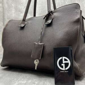 【美品】GIORGIO ARMANI ジョルジオアルマーニ トートバッグ ハンドバッグ レザー A4収納 肩掛け ブラウン メンズ ビジネス ロゴ 3室