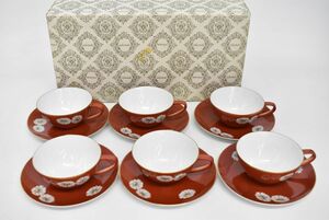 (777L 0411M25) 1円～ 未使用 Noritake オールドノリタケ カップ＆ソーサー 6客 朱 赤 白菊文 赤菊 金彩 陶器