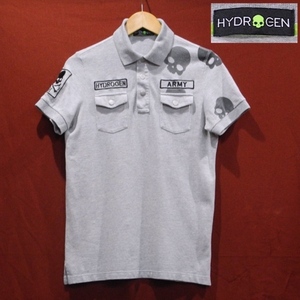 HYDDROGEN ハイドロゲン ミリタリー デザイン ARMY 髑髏 スカル 刺繍 スナップボタン ロゴ 半袖 ポロシャツ グレー S サイズ