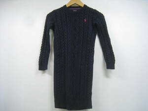 RALPH LAUREN ラルフローレン キッズ 女の子 ニット ワンピース ケーブル編み 刺繍ロゴ 紺 ネイビー サイズ7 130cm