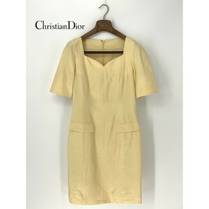 A8576/春夏 Christian Dior クリスチャン・ディオール シルク100％ 半袖 デザイン 膝丈 ワンピース 11 L程 黄色/レディース 大きいサイズ