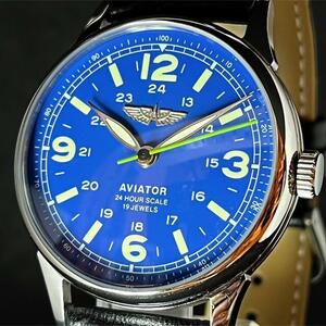 【激レア】RAKETA/メンズ腕時計/Pilot AVIATOR/ブルー色/青/男性用/プレゼントに/レザーストラップ/手巻き式/かっこいい/稀少/お洒落